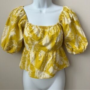 Sim & Sam Palm Print Cropped Top Puff Sleeve Yellow Chartreuse Tropical Boho S